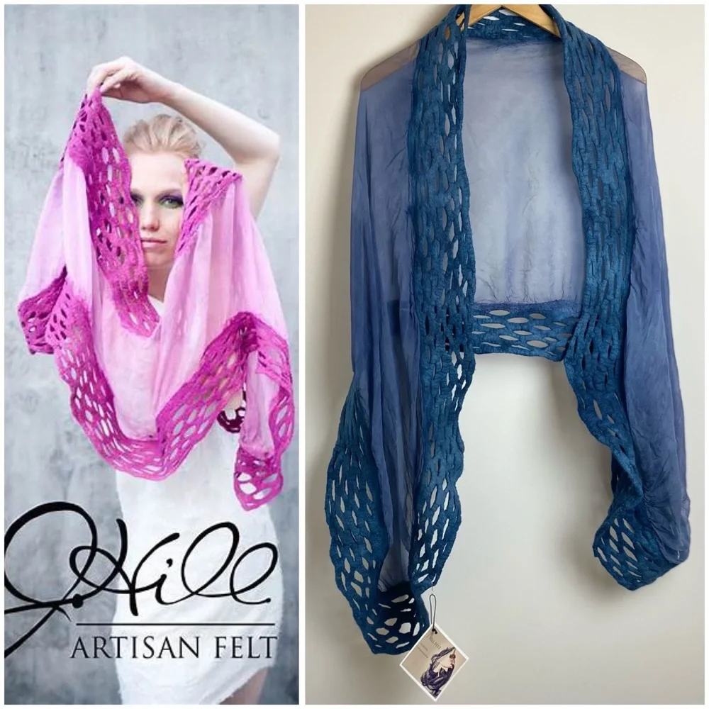NWT J. HILL Artisan Felt Lace Wrap Blue